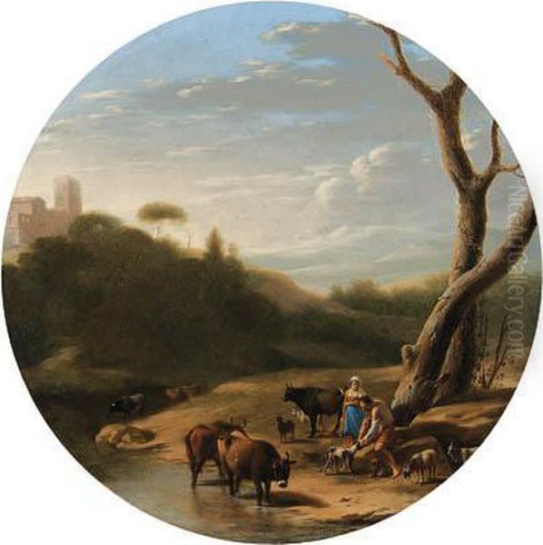 An Italianate Wooded Landscape 
With A Herdsman And A Shepherdess,cattle And Goats Watering At A Stream Oil Painting by Cornelis Van Poelenburch