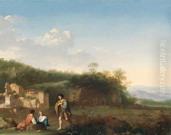 An Italianate Landscape With Peasants Resting In The Foreground, Aruined Villa Beyond Oil Painting by Cornelis Van Poelenburch