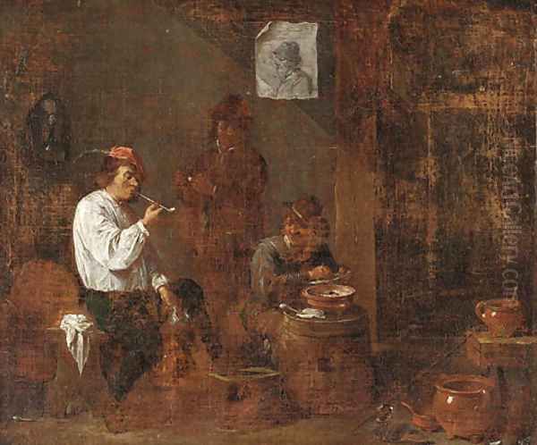 Boors smoking and drinking in a tavern interior Oil Painting by David The Younger Teniers