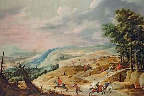 An extensive landscape with a cavalry skirmish on a ridge Oil Painting by David The Younger Teniers