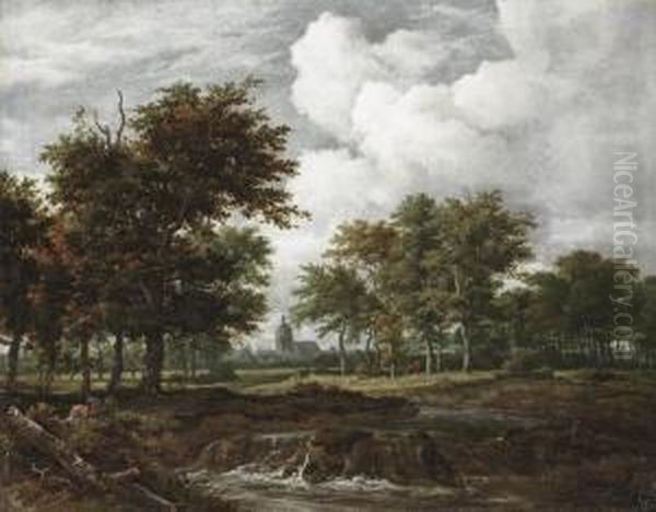 A Wooded Landscape With A Shepherd And His Flock Near A Waterfall, A Town Beyond Oil Painting by Jacob Van Ruisdael