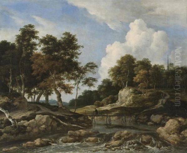 A Wooded River Landscape With A Bridge, A Church Beyond Oil Painting by Jacob Van Ruisdael