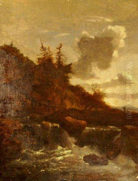 Landscape With Bridge Over A River With Smallwaterfall Oil Painting by Jacob Van Ruisdael