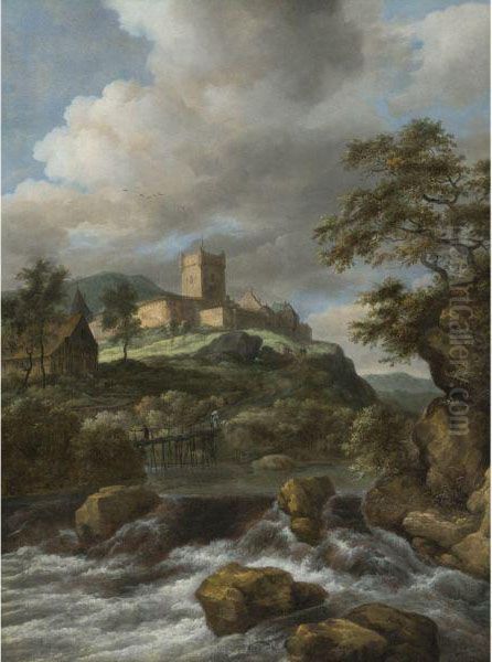 Waterfall With A Castle Beyond Oil Painting by Jacob Van Ruisdael