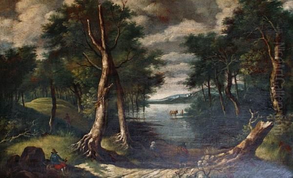 Figures In A Wooded Landscape Oil Painting by Jacob Van Ruisdael