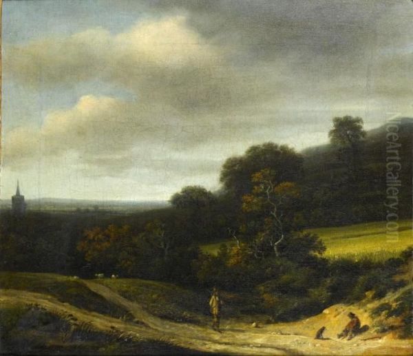 Wooded Landscape With Figures On A Sandy Road Before A Distant Town Oil Painting by Jacob Van Ruisdael