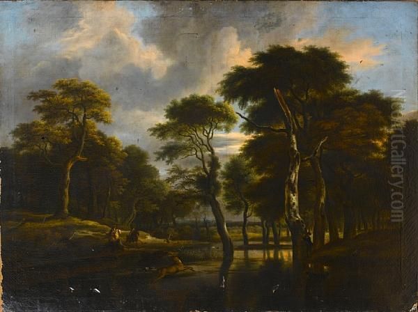 A Wooded River Landscape With A Stag Hunt Oil Painting by Jacob Van Ruisdael