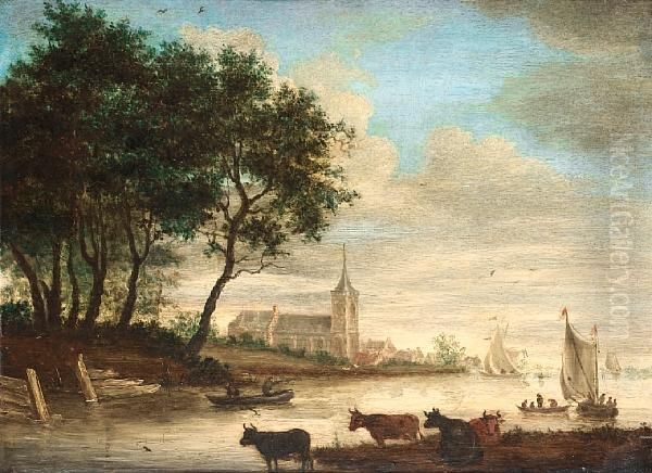 A Cattle Watering Before A Coastal Landscape With Boats And A City In The Distance Oil Painting by Jacob Van Ruisdael