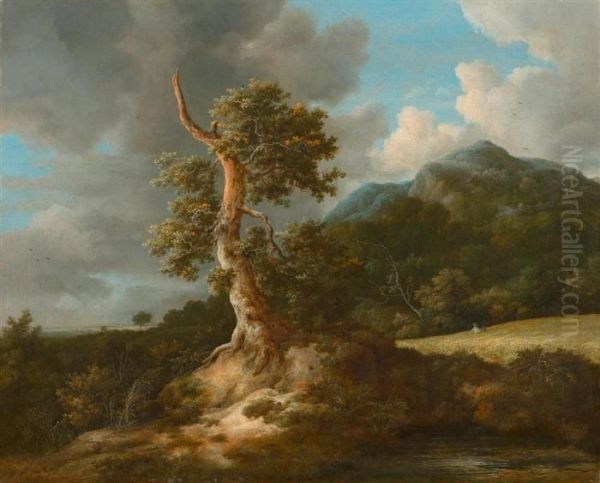 Mountainous Landscape With A Large Oak Before A Cornfield. Oil Painting by Jacob Van Ruisdael