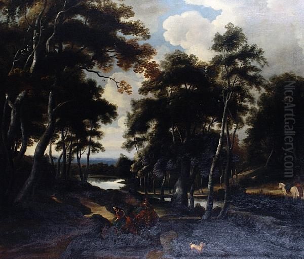 Travellers In A Wooded Landscape Oil Painting by Jacob Van Ruisdael