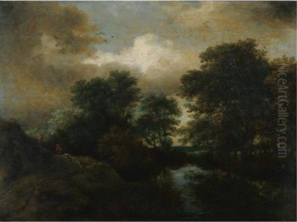 A Wooded Landscape With A Pool And A Peasant With His Dogs On Arise Oil Painting by Jacob Van Ruisdael