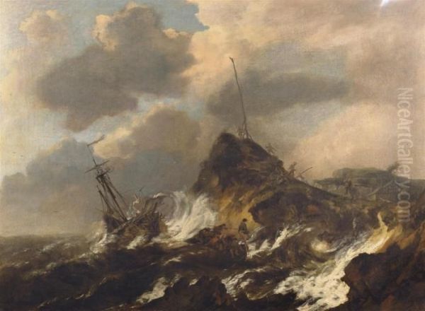 A Ship In A Storm Off A Rocky Coast Oil Painting by Jacob Van Ruisdael