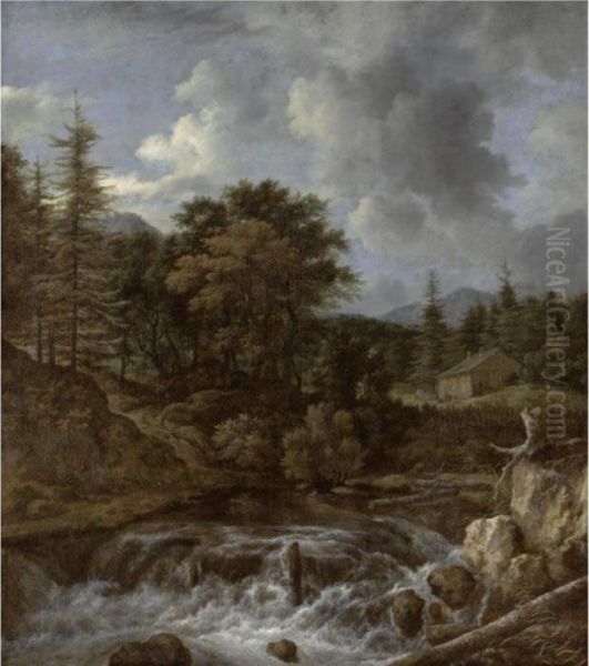 A Scandinavian Landscape With A Wood Beside A Torrent And A Waterfall, A Cottage Beyond Oil Painting by Jacob Van Ruisdael