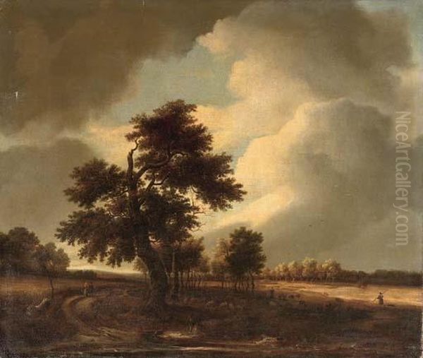 A Wooded Landscape With Travellers On A Track And A Shepherd With His Flock Oil Painting by Jacob Van Ruisdael