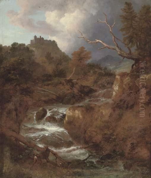 A Mountainous Wooded River Landscape With A Stag By A Waterfall, Bentheim Castle Beyond Oil Painting by Jacob Van Ruisdael