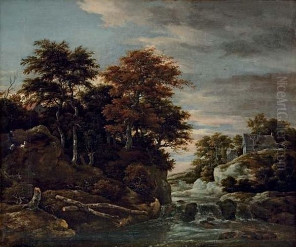 A Wooded River Landscape With A Waterfall, A Shepherd With His Flock And Houses Beyond Oil Painting by Jacob Van Ruisdael