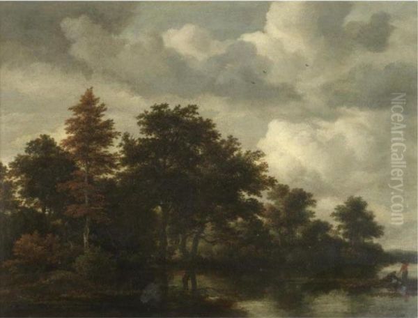 A Wooded Landscape With Figures By A River Oil Painting by Jacob Van Ruisdael