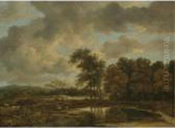 Landscape With A Shepherd Watering His Flock By A Pond At The Edge Of A Wood Oil Painting by Jacob Van Ruisdael