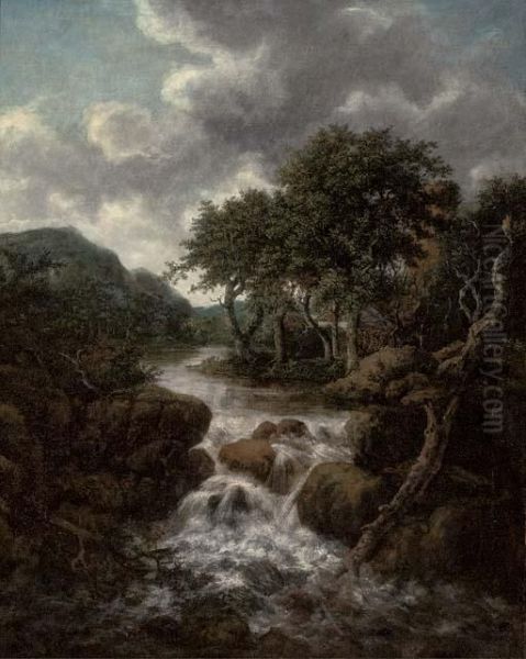 A Wooded River Landscape With A Waterfall Oil Painting by Jacob Van Ruisdael