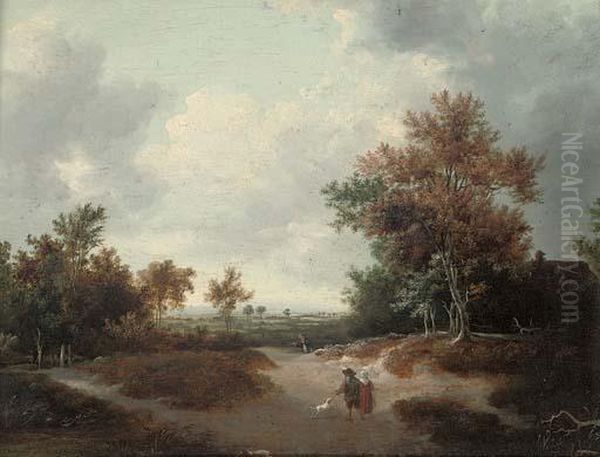 A Wooded Landscape With A Peasant Couple On A Track Oil Painting by Jacob Van Ruisdael