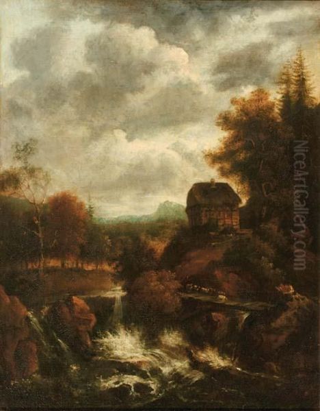 A Wooded River Landscape With A 
Waterfall And A Shepherd With His Flock Crossing A Bridge Oil Painting by Jacob Van Ruisdael