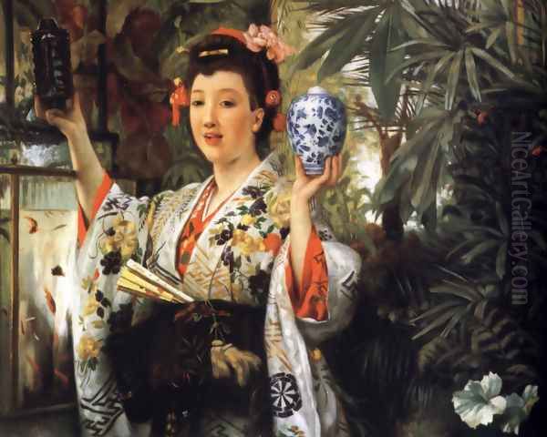 Young Lady Holding Japanese Objects Oil Painting by James Jacques Joseph Tissot