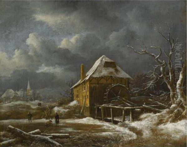 A Winter Landscape With A Watermill Oil Painting by Jacob Van Ruisdael