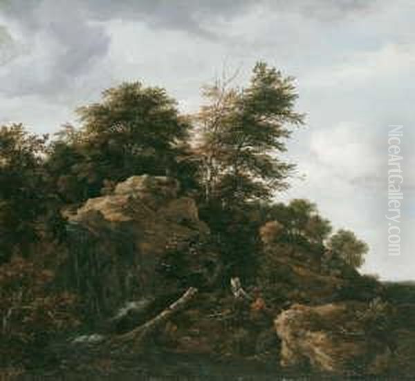 Ein Bewaldeter Hugel Mit Einem
 Wasserfall (wooded Landscape On A Rocky Hill With A Oil Painting by Jacob Van Ruisdael