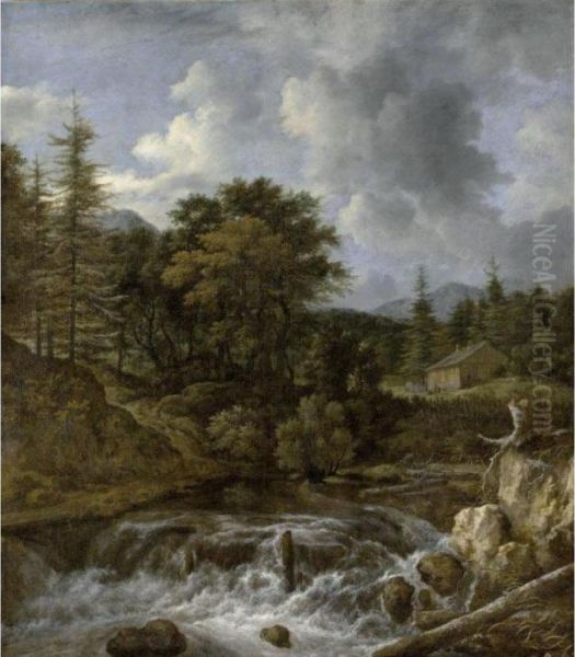 Scandinavian Landscape With A 
Wood Beside A Torrent And A Waterfall A Cottage 
Beyond Oil Painting by Jacob Van Ruisdael