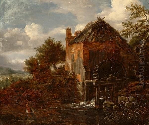 A Figure Before A Watermill. Oil Painting by Jacob Van Ruisdael