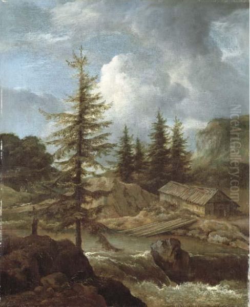 A Wooded River Landscape With Peasants By A Woodshed Oil Painting by Jacob Van Ruisdael