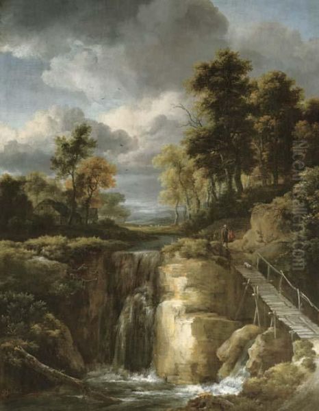 A Wooded River Landscape With A Waterfall And Figures Oil Painting by Jacob Van Ruisdael