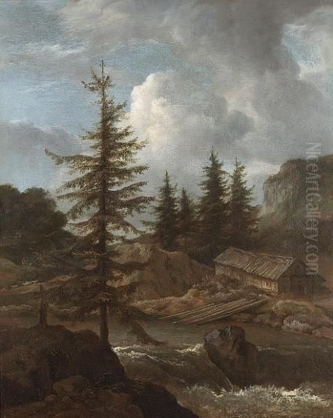 A Scandinavian Landscape With A Timber Hut Beside A Waterfall Oil Painting by Jacob Van Ruisdael