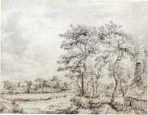 Recto : Wooded Landscape With Cottages Verso : Partial Counterproof Of Another Landscape Oil Painting by Jacob Van Ruisdael