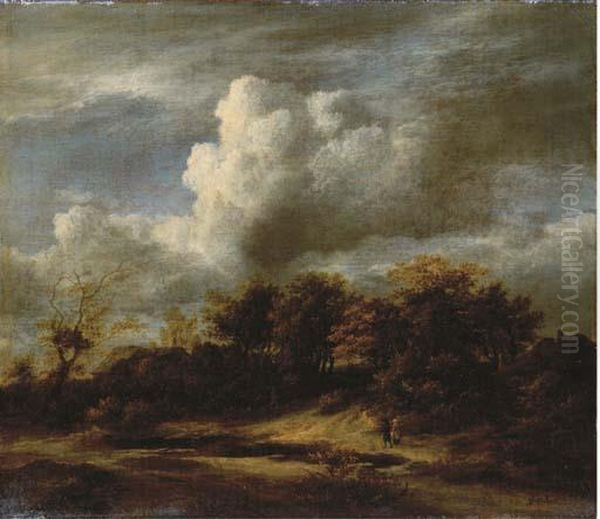 A Wooded Landscape With Travellers Walking Among The Dunes Oil Painting by Jacob Van Ruisdael