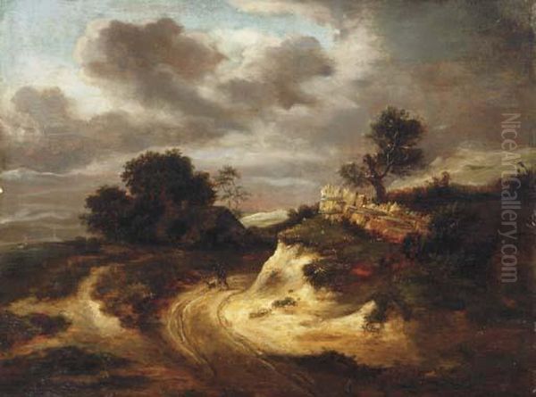 A Traveller And Dog On A Path In A Stormy Landscape Oil Painting by Jacob Van Ruisdael