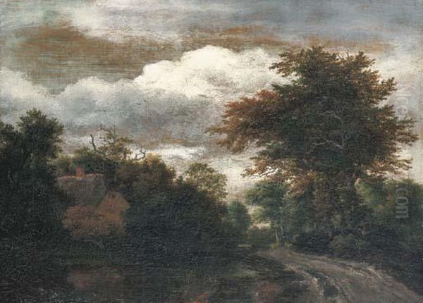 A Wooded Landscape With A Traveller On A Path By A Pond Oil Painting by Jacob Van Ruisdael