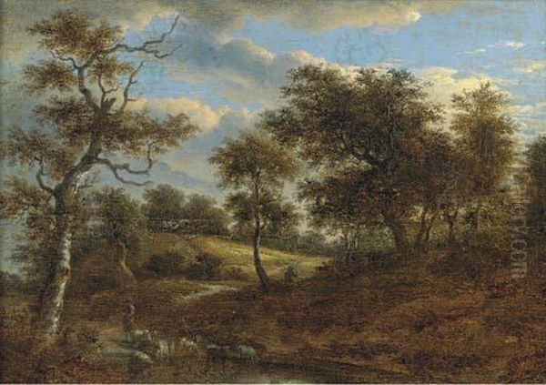 A Wooded Landscape With A Shepherd Driving His Flock Oil Painting by Jacob Van Ruisdael