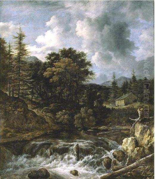 Torrent In A Wooded Landscape, A Cottage Beyond Oil Painting by Jacob Van Ruisdael