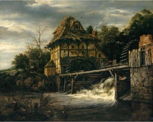 Two Undershot Water-mills With Men Opening A Sluice Oil Painting by Jacob Van Ruisdael