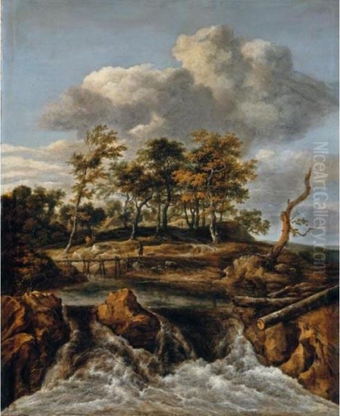 Landscape With A Waterfall, A Footbridge And Trees At The Margin Of A Wood Beyond Oil Painting by Jacob Van Ruisdael