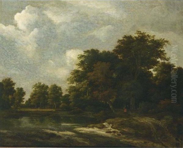 A Wooded Landscape With A Pond And Figures On A Path Near Trees Oil Painting by Jacob Van Ruisdael