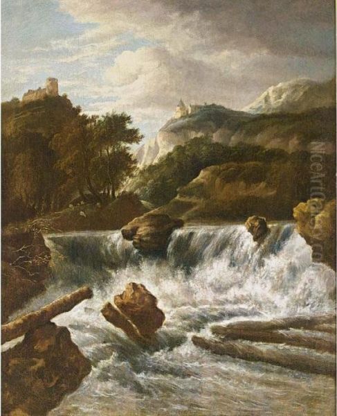 A Scandinavian Landscape With A Waterfall, Castles Beyond Oil Painting by Jacob Van Ruisdael