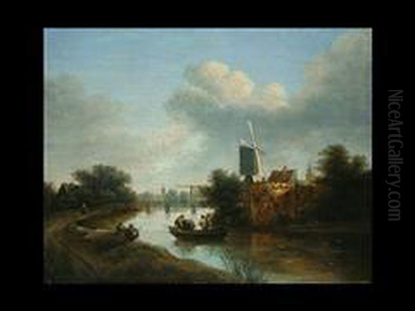 Landschaftliche Wiedergabe Im 
Spatlicht Auf Dem Bogig In Die Tiefeverlaufenden Kanal Ein Fischerboot 
Mit Zwei Fischern Oil Painting by Jacob Van Ruisdael