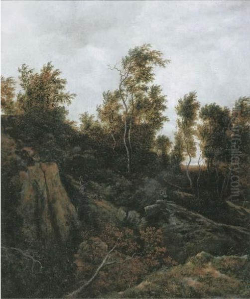 A Wooded Landscape With Sportsmen On A Wooded Track Oil Painting by Jacob Van Ruisdael