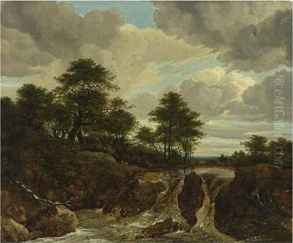 A Riverlandscape With A Waterfall In The Foreground Oil Painting by Jacob Van Ruisdael