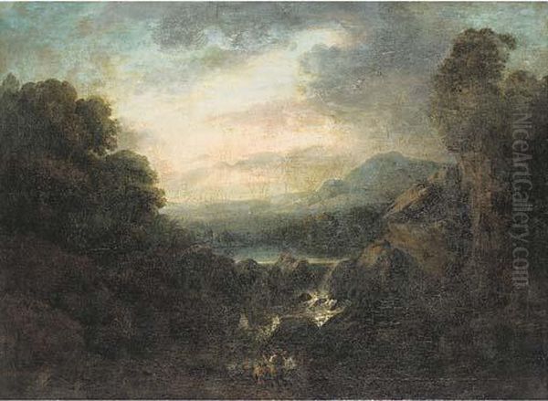 An Extensive Mountainous Landscape With Anglers By Awaterfall Oil Painting by Jacob Van Ruisdael