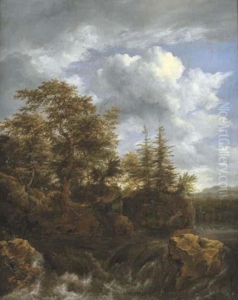 A Wooded River Landscape With A Waterfall And Travellers On A Bridge Oil Painting by Jacob Van Ruisdael