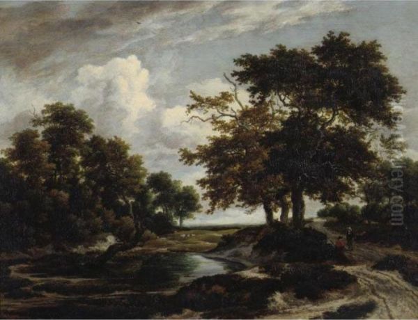 A Landscape With Peasants On A Track By A Wooded Pond Oil Painting by Jacob Van Ruisdael