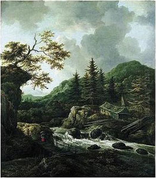 A Torrent In A Scandinavian 
Wooded Landscape With A Peasant Crossing A Wooden Bridge And Cottages On
 The Far Bank Of The River Oil Painting by Jacob Van Ruisdael